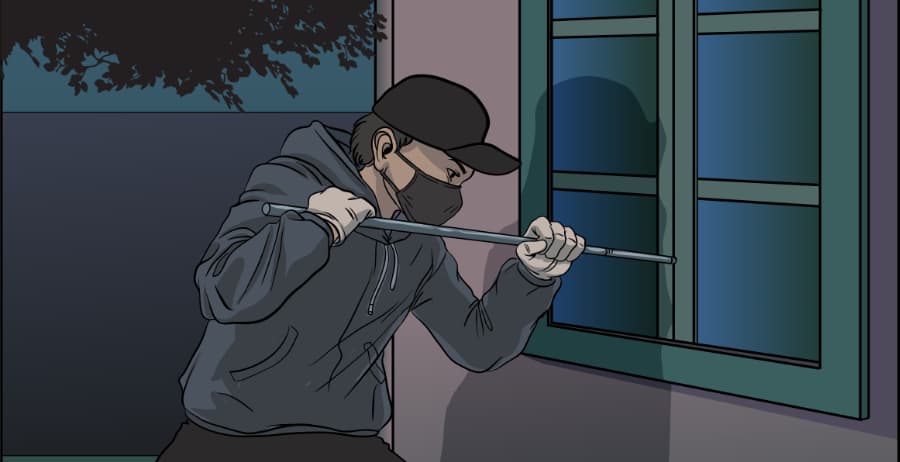 Illustration of burglar forcing entry through a window in Pittsburgh