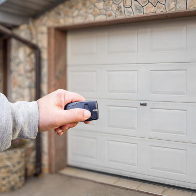 Pittsburgh security key fob pointing to a garage door
